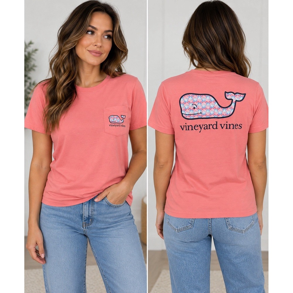 Vineyard Vines XS Whale Graphic Pocket T-Shirt Coral Pink 100% Cotton Preppy